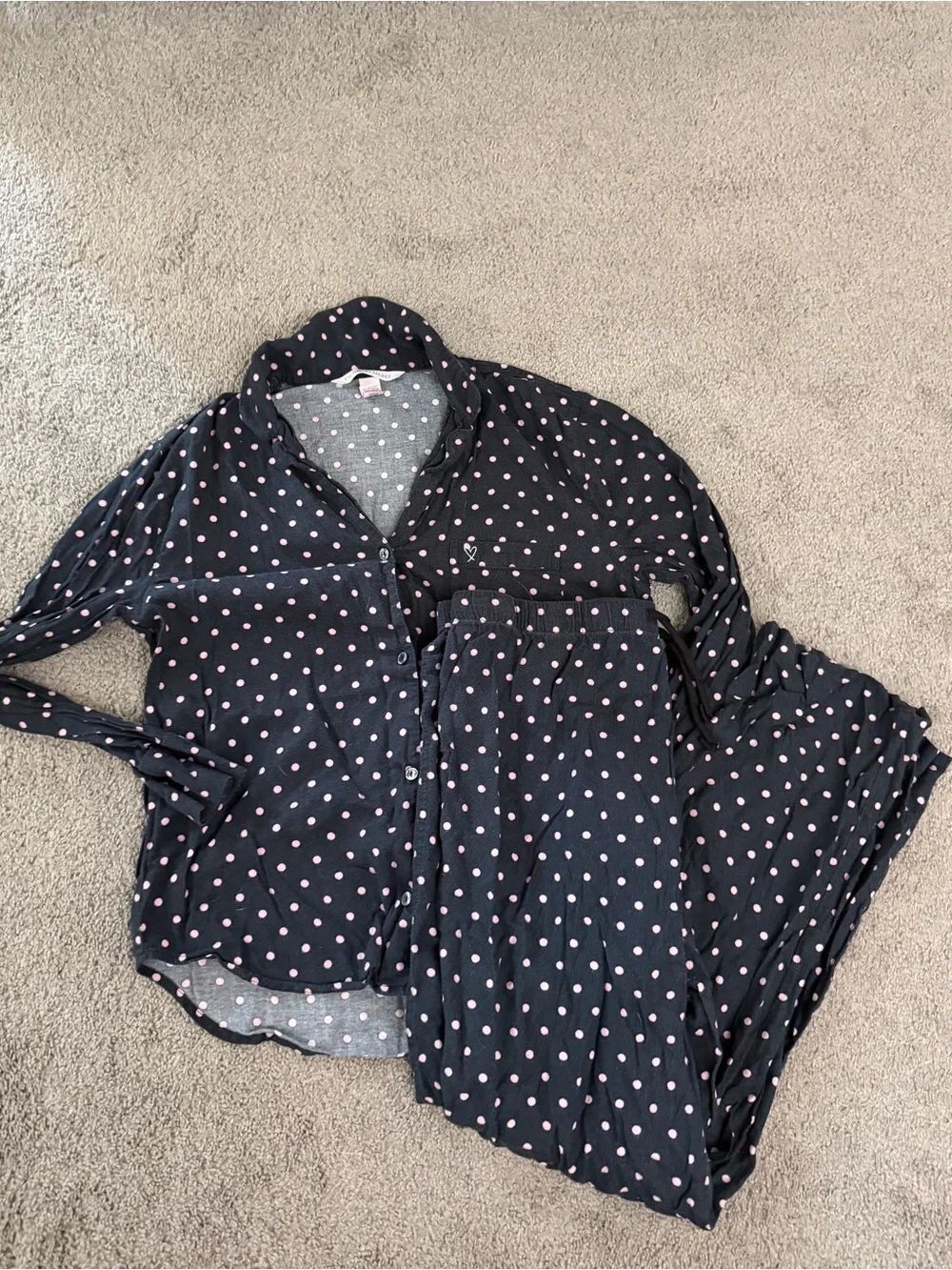 Victoria Secret Pajamas Size Small Top, Large Bottom Black Pink Polka Dot